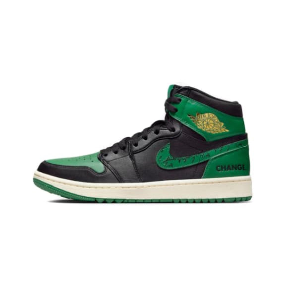 Green and black sneaker with a gold logo on a white background