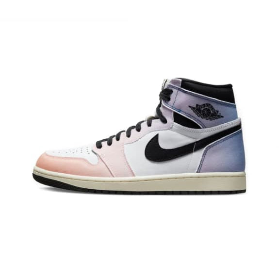 High-top sneaker with pink, black, and blue design on a white background