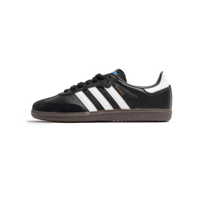 Black sneaker with white stripes on a white background