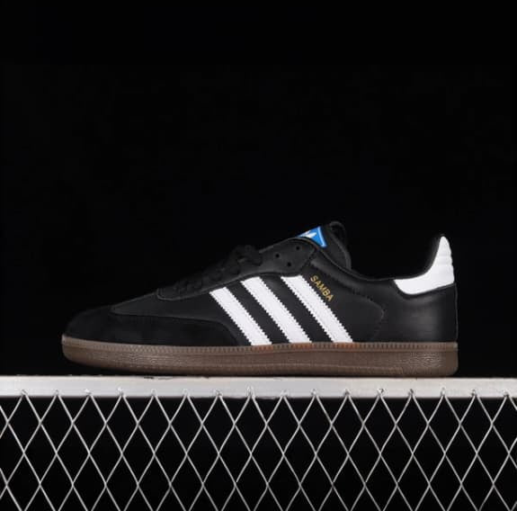 Black Adidas shoes with white stripes on a black background
