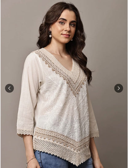 Women's White Cotton Embroidered Lucknowi Chikankari Top - Elegant Boho Tunic