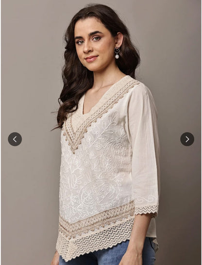 Women's White Cotton Embroidered Lucknowi Chikankari Top - Elegant Boho Tunic