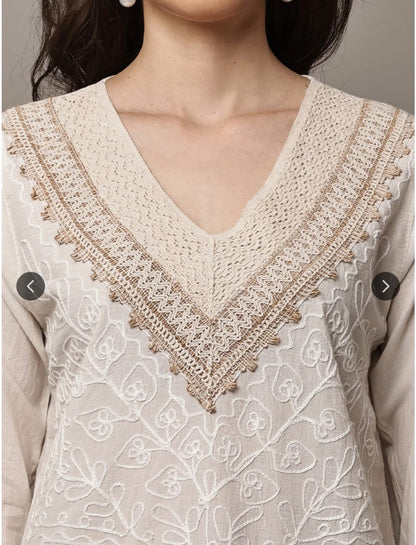 Women's White Cotton Embroidered Lucknowi Chikankari Top - Elegant Boho Tunic
