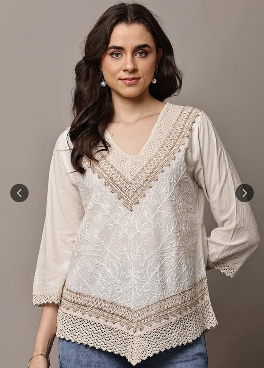 Women's White Cotton Embroidered Lucknowi Chikankari Top - Elegant Boho Tunic