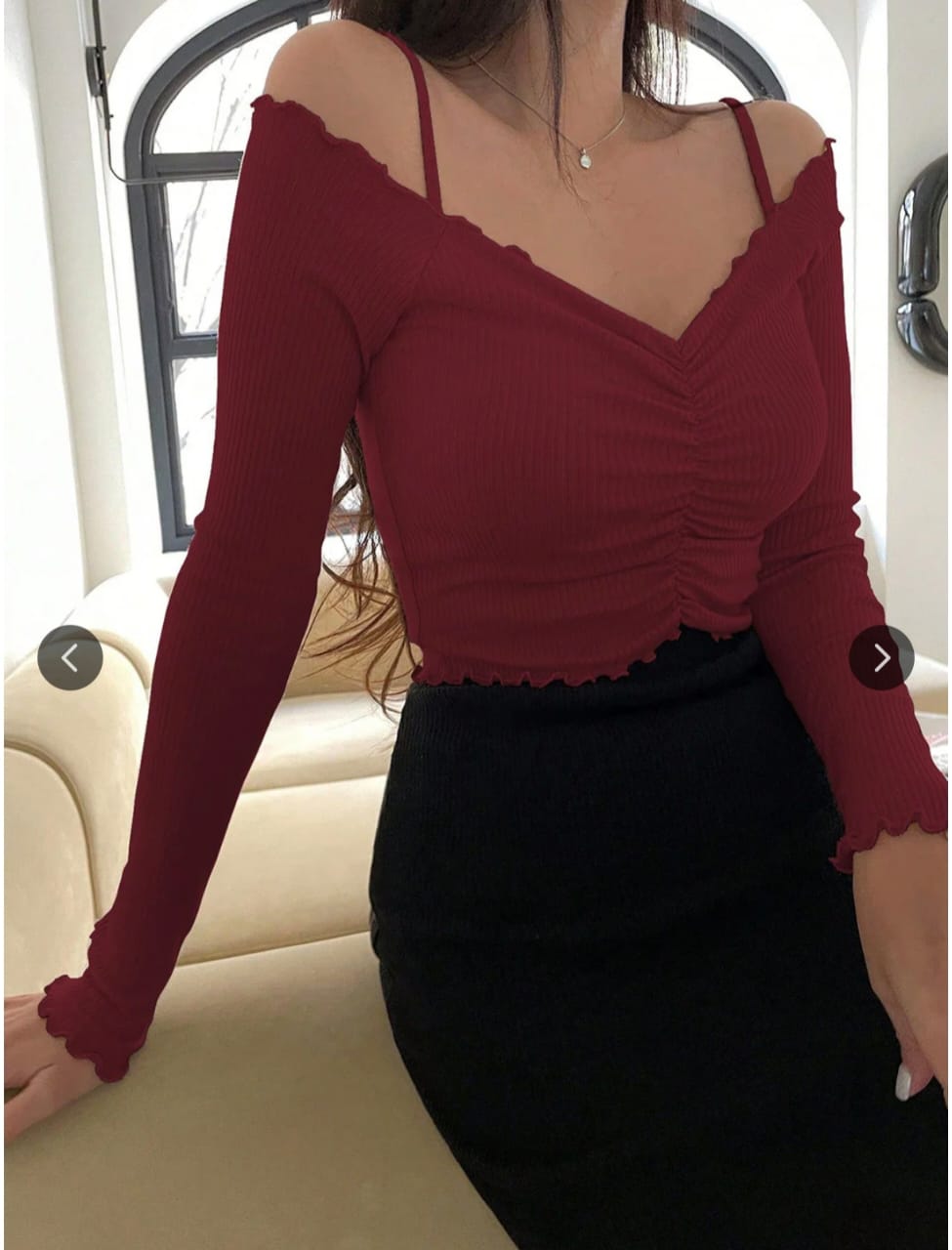 Winter- Fall-25 Women Ribbed Off-Shoulder Cold-Shoulder Fitted Crop Top
