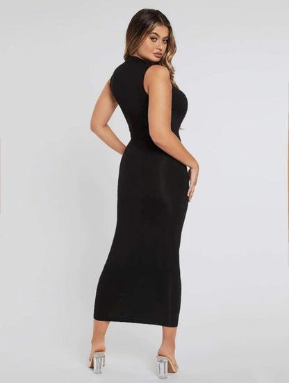 Premium Black Sleeveless Bodycon Dress with Zipper Neck - Elegant Party Wear