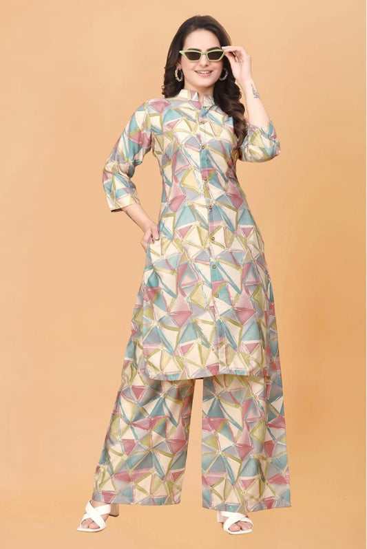 Premium Geometric Print Women's Kurta with Palazzo Set - Stylish Ethnic Wear