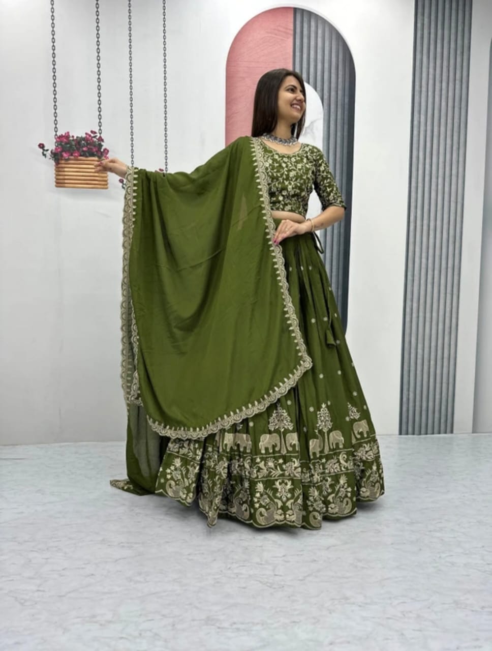 Premium White & Gold Elephant Print Lehenga Choli Set - Traditional Wedding Wear