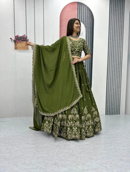 Premium White & Gold Elephant Print Lehenga Choli Set - Traditional Wedding Wear