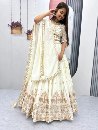 Premium White & Gold Elephant Print Lehenga Choli Set - Traditional Wedding Wear
