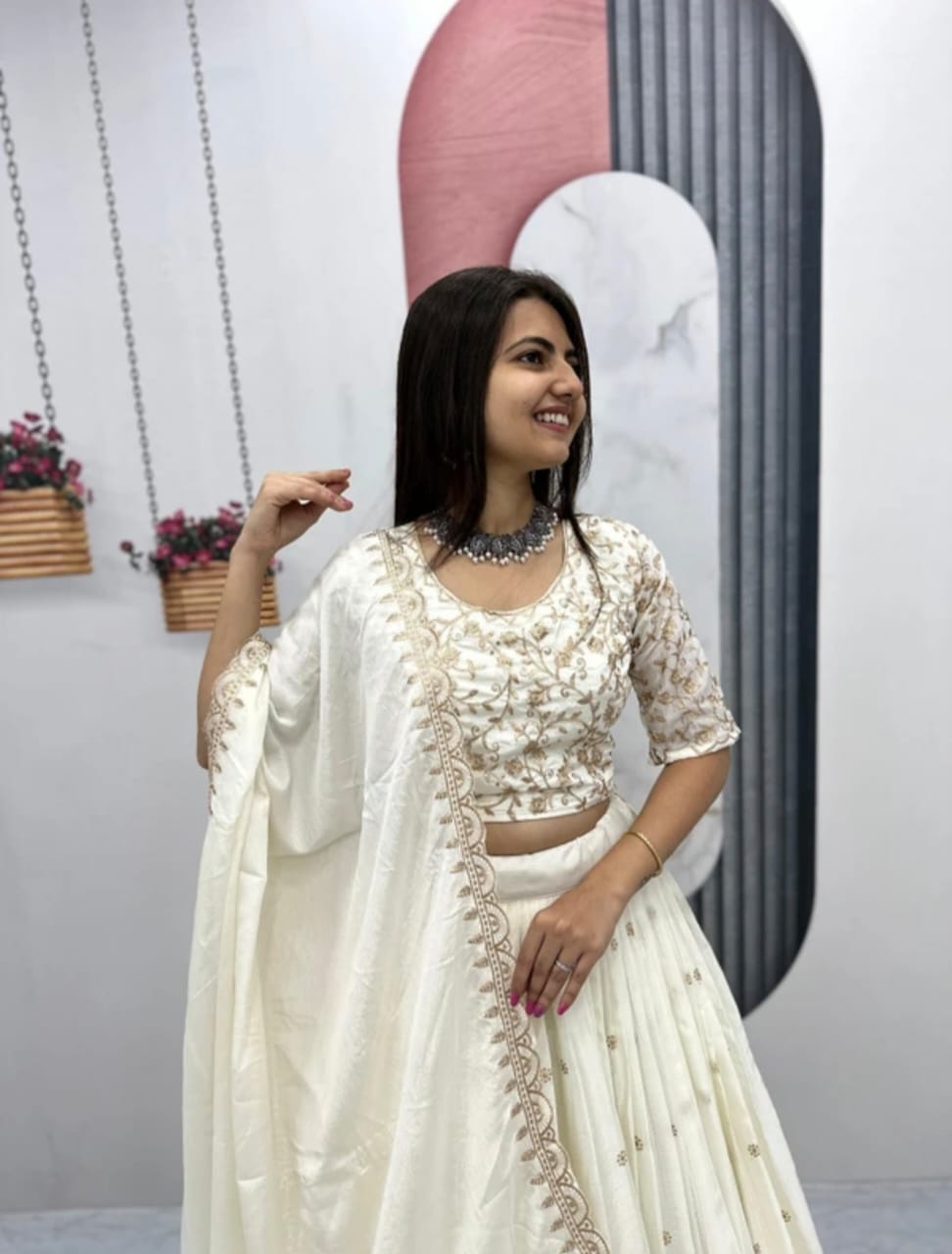 Premium White & Gold Elephant Print Lehenga Choli Set - Traditional Wedding Wear