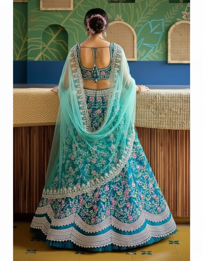 Designer Teal Blue Floral Embroidered Lehenga Choli with Net Dupatta - Bridal & Festive Wear