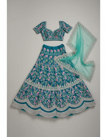 Designer Teal Blue Floral Embroidered Lehenga Choli with Net Dupatta - Bridal & Festive Wear