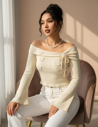 Premium Off-Shoulder Butterfly Embroidery Ribbed Top - Trendy Y2K Aesthetic Wear