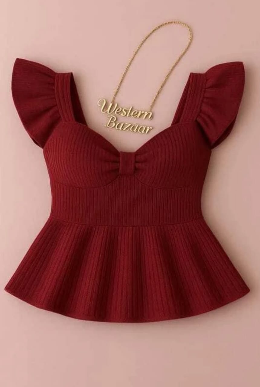 Premium Maroon Ruffle Sleeve Peplum Top - Stylish Sweetheart Neckline Party Wear