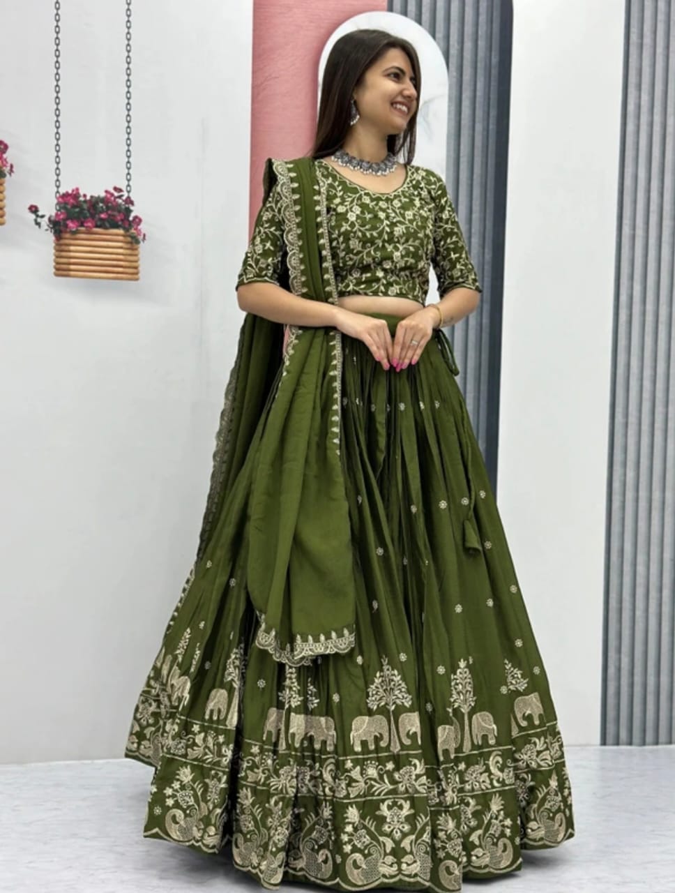 Premium White & Gold Elephant Print Lehenga Choli Set - Traditional Wedding Wear