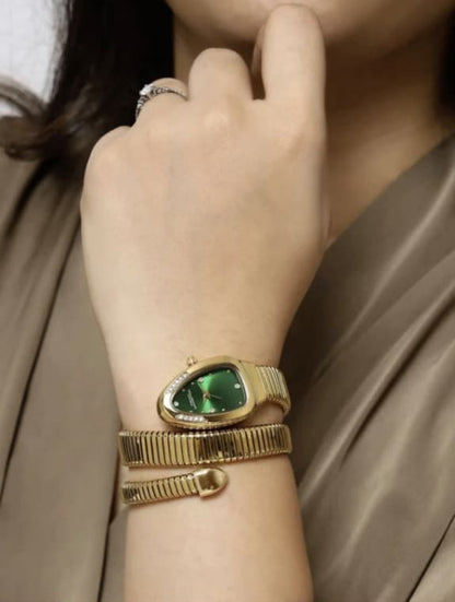 Luxury Snake Pattern Bracelet Watch for Women - Gold-Plated with Emerald Green Dial