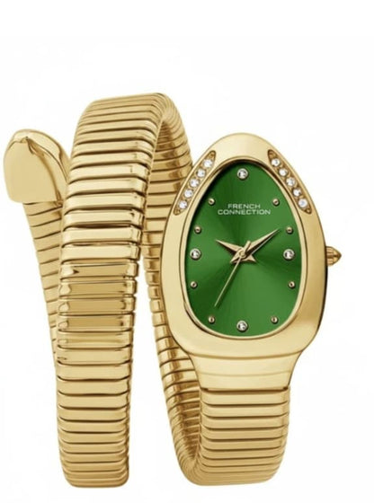 Luxury Snake Pattern Bracelet Watch for Women - Gold-Plated with Emerald Green Dial