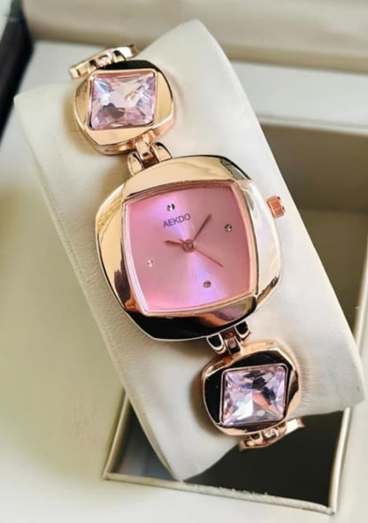 Luxury AEKDO Rose Gold Bracelet Watch for Women - Pink Crystal Studded Designer Watch