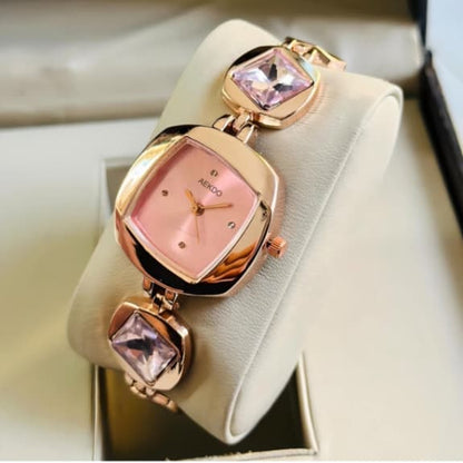 Luxury AEKDO Rose Gold Bracelet Watch for Women - Pink Crystal Studded Designer Watch
