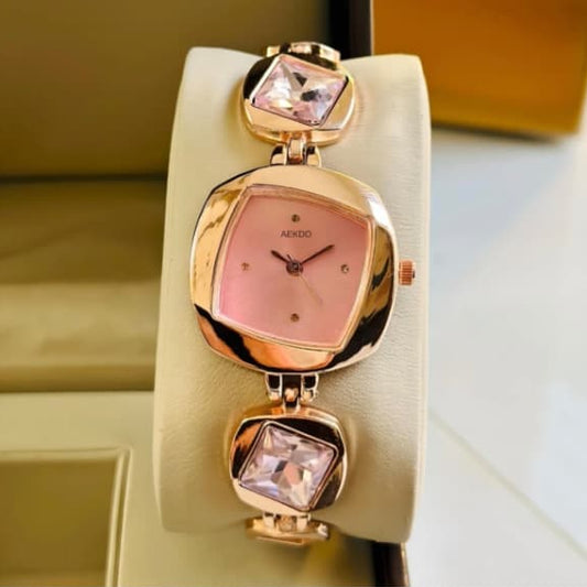Luxury AEKDO Rose Gold Bracelet Watch for Women - Pink Crystal Studded Designer Watch
